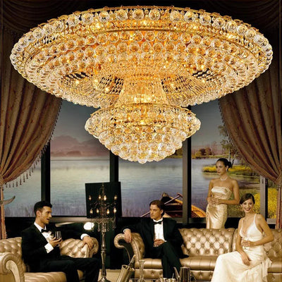 Continental Circular Golden Living Room Crystal Round LED Chandelier Hall Suspended Ceiling Lamp Remote Control Hotel Headlight