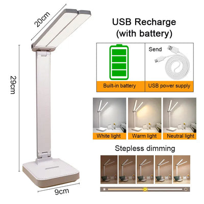 LED Desk Lamp - 3-Level Dimmable, Touch Control, USB Rechargeable, Foldable for Bedroom