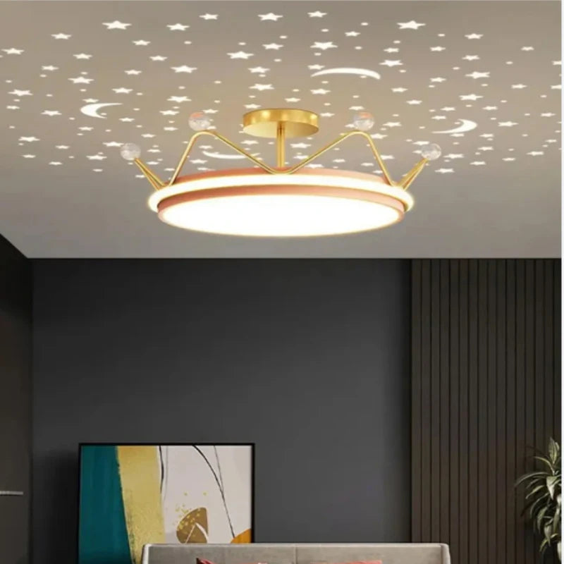 Crown LED Dimmable Ceiling Chandelier Star and Moon Lamp Pendant Children Boys Girls Bedroom Study Ceiling Lamp Room Decoration