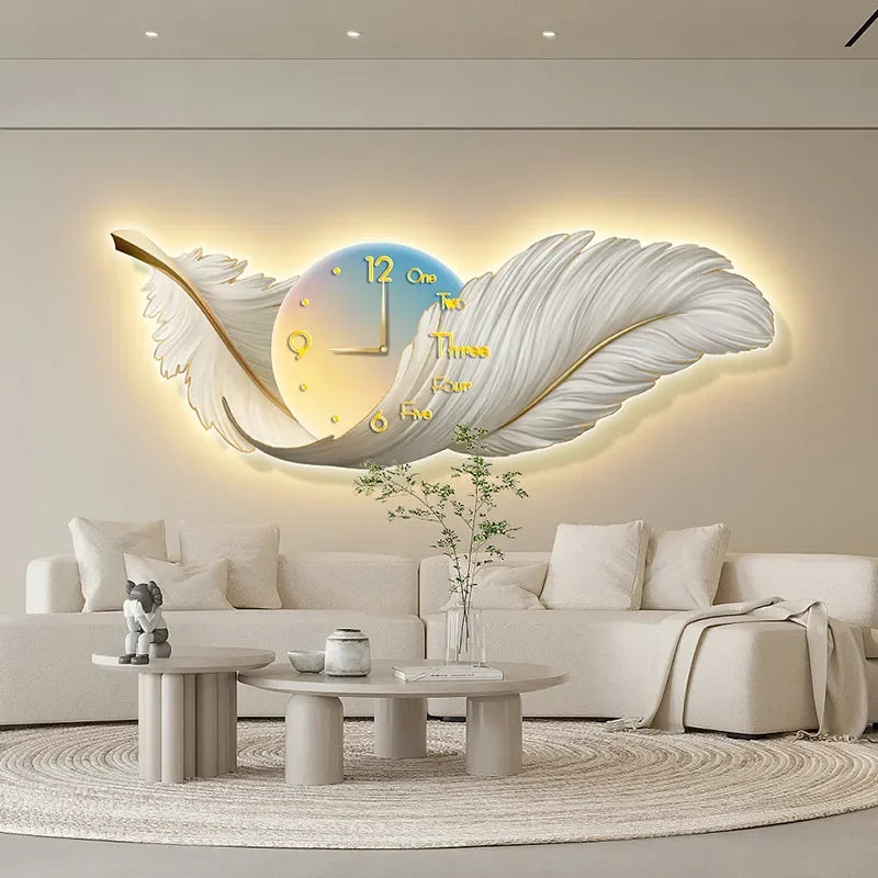 Creative LED Clock Wall Lamp - Elegant Feather Design for Living Room and Bedroom Decor