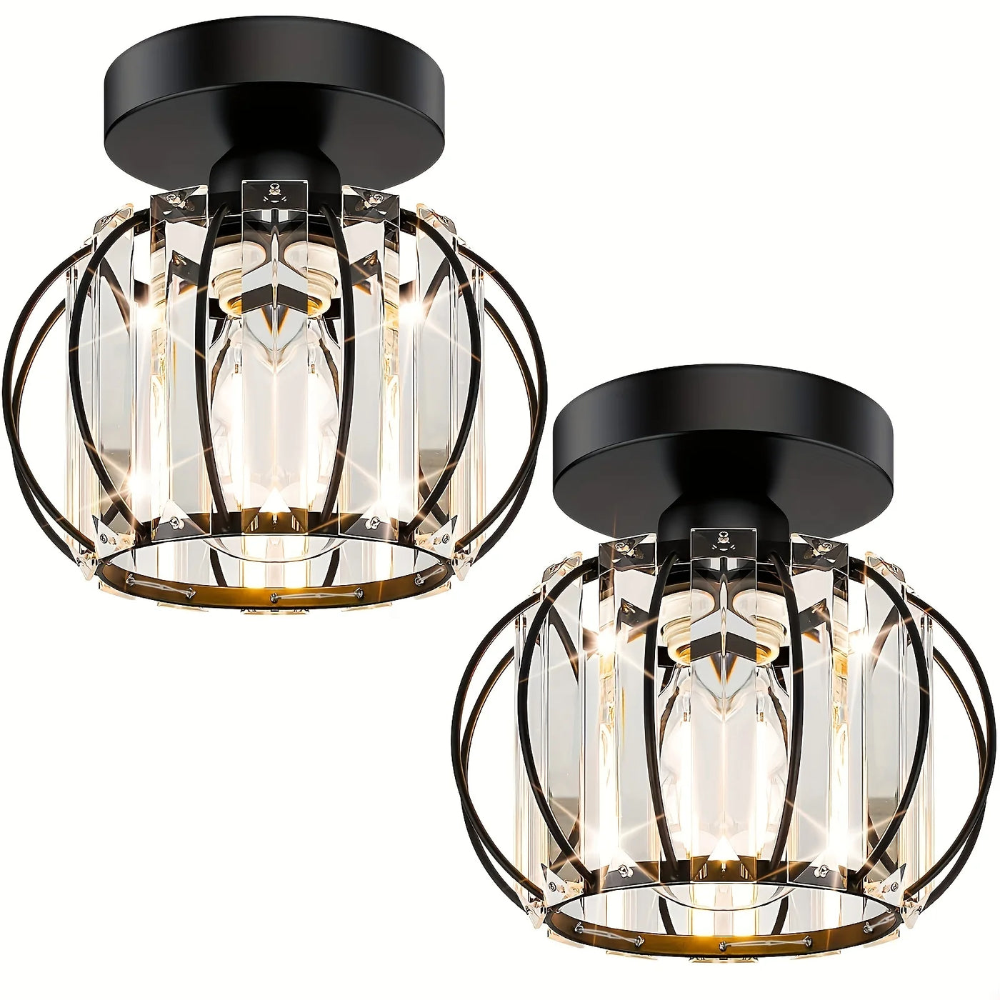 Black/Gold Semi-Flush Mount Metal Ceiling Light with Crystal Accents Living Room Hallway Bathroom