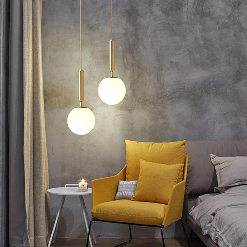 Modern LED Glass Ball Pendant Lamp: Gold Fixtures for Bedside, Kitchen Hanging Lights, Dining Room Lighting, Indoor Decoration