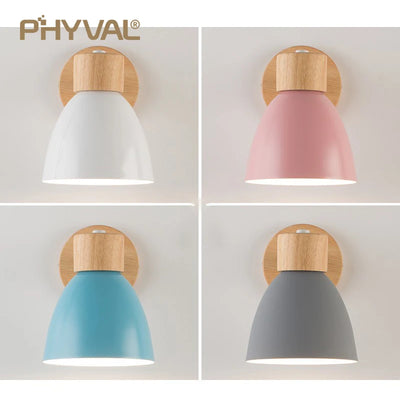 Nordic Modern Wall Lamps With US/EU Plug Wooden E27 Wall Sconce For Bedroom Living Room Macaroon 6 Color Steering Head Lighting