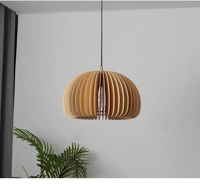 Modern Wood Pumpkin Pendant Light – Handcrafted Hanging Lamp for Dining and Bedroom